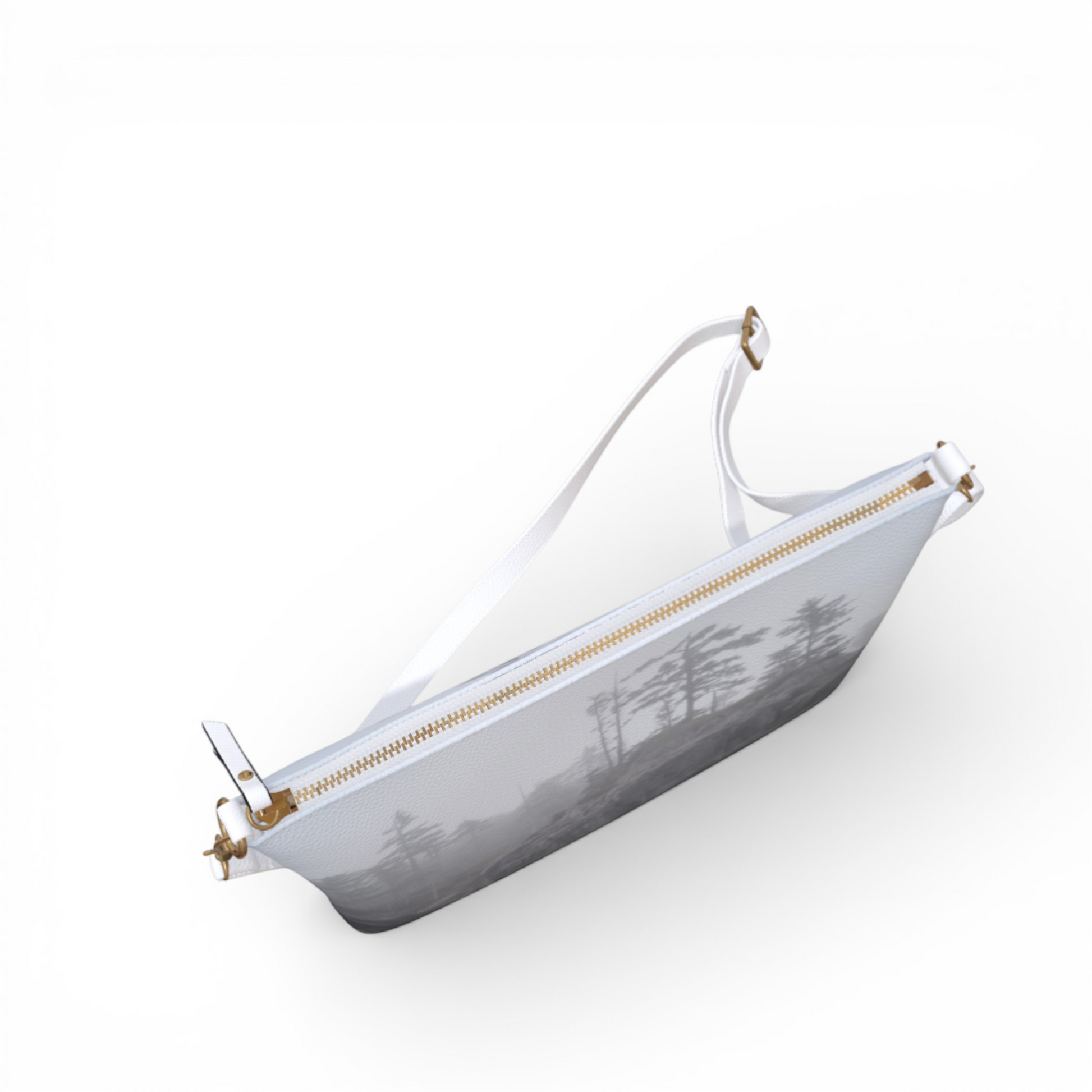 Van Isle Goddess West Coast Ocean Fog vegan leather crossbody purse with adjustable strap and gold zipper.