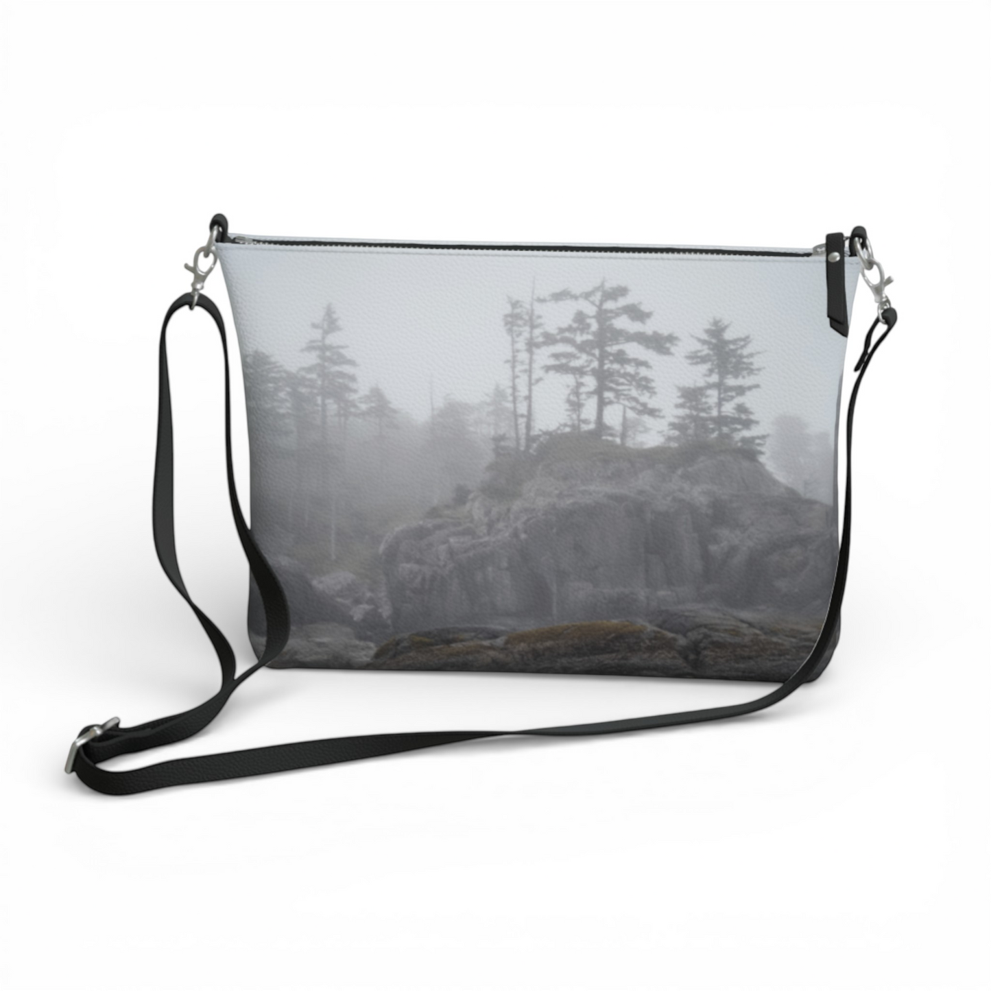 Van Isle Goddess West Coast Ocean Fog vegan leather crossbody purse with adjustable strap and zipper closure.