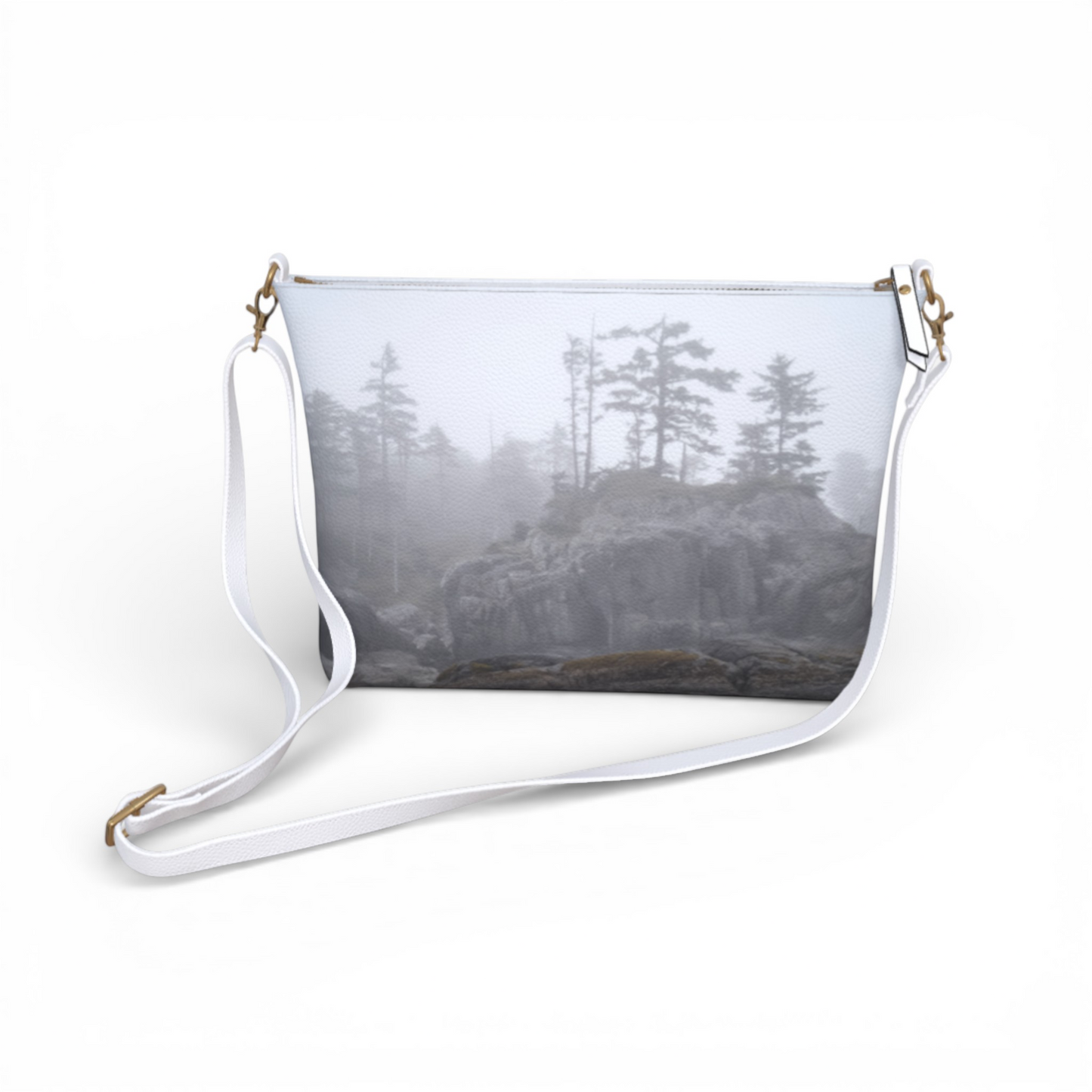 Van Isle Goddess West Coast Ocean Fog vegan leather crossbody purse with adjustable white strap and metal hardware.