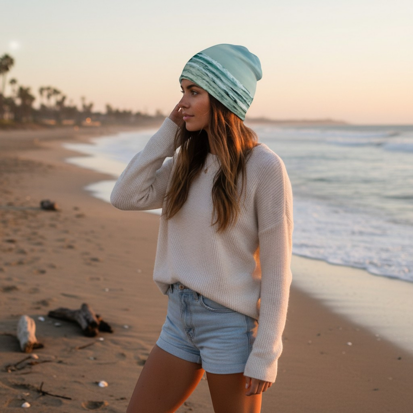 Van Isle Goddess Ocean Calling Long Beach Tofino Beanie with ocean wave print, bamboo lining, and slouchy fit.