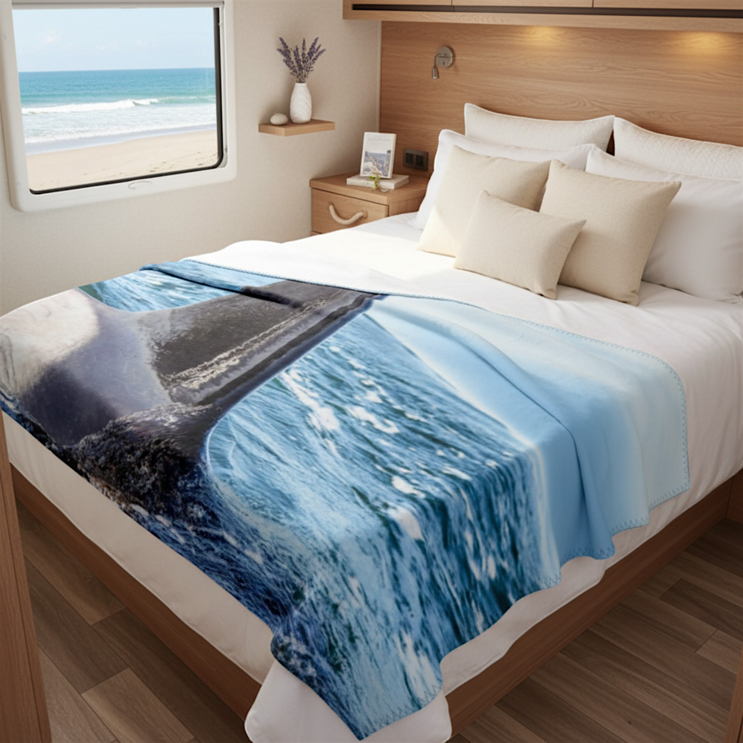 Van Isle Goddess Orca Apex Coastal Blanket: Double-thick minky fabric with a close-up whale fin and ocean wave print.