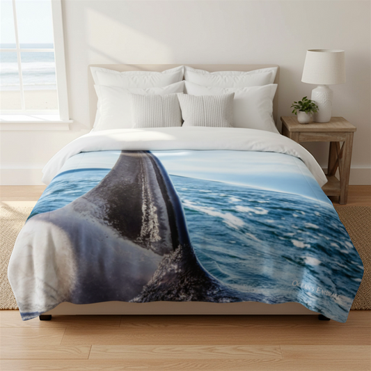 Van Isle Goddess Orca Apex Coastal Blanket: Double-thick minky fabric blanket with orca whale fin and ocean waves.