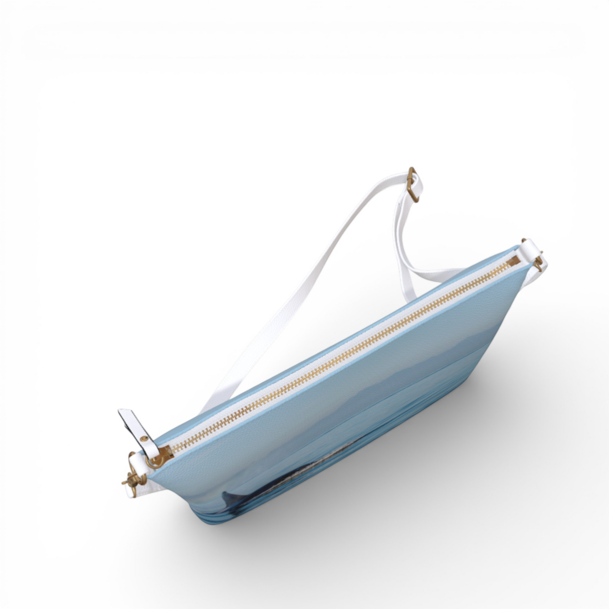 Van Isle Goddess Orca Spray vegan leather crossbody purse with adjustable white strap and gold zipper.