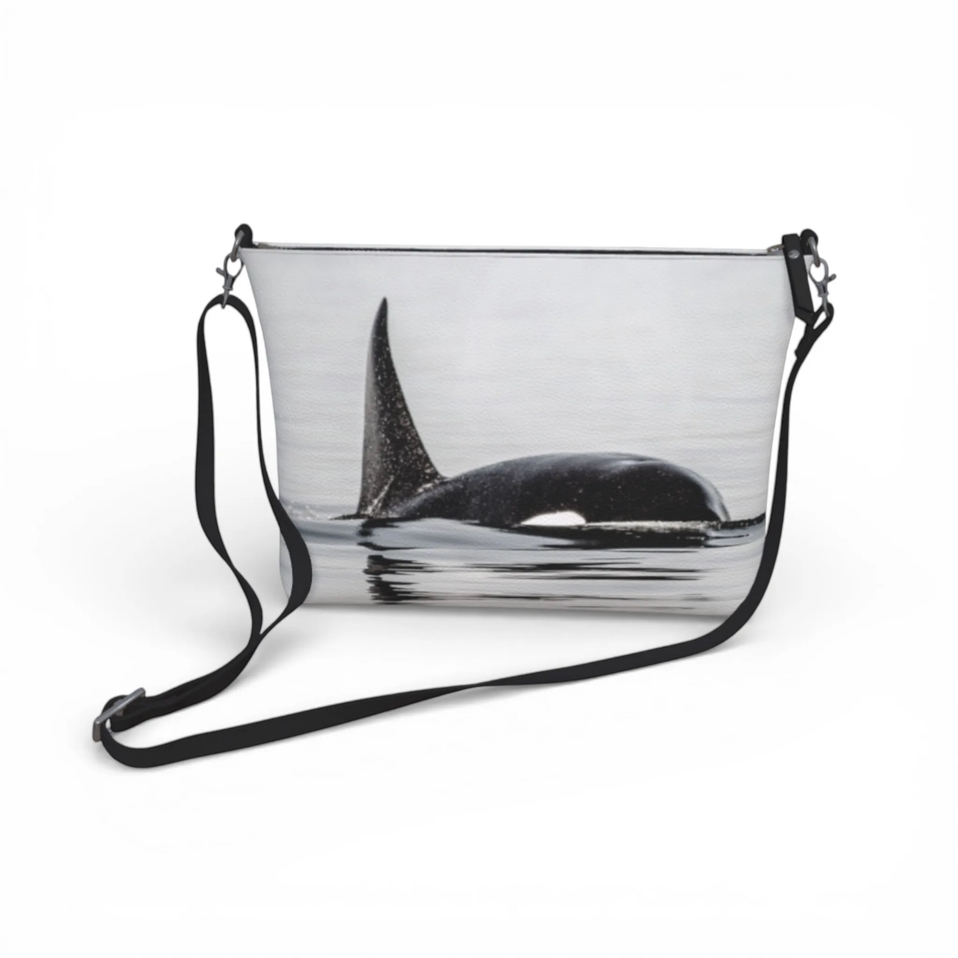 Van Isle Goddess Orca Spray vegan leather crossbody purse with adjustable strap and orca whale print.