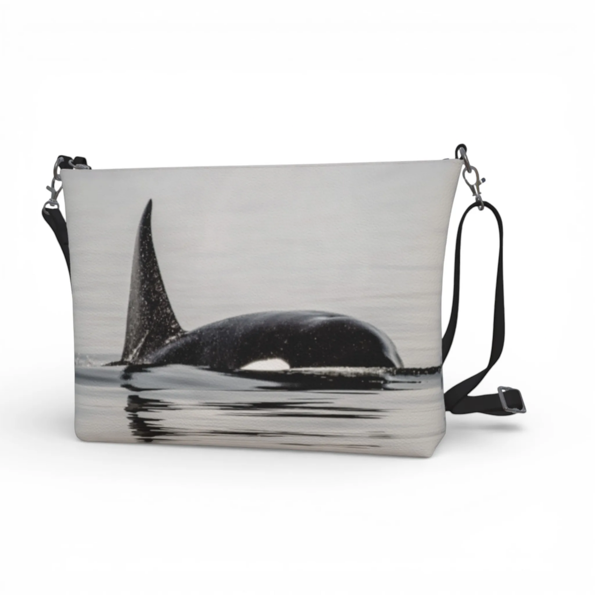 Van Isle Goddess Orca Spray vegan leather crossbody purse with adjustable strap and orca whale print.