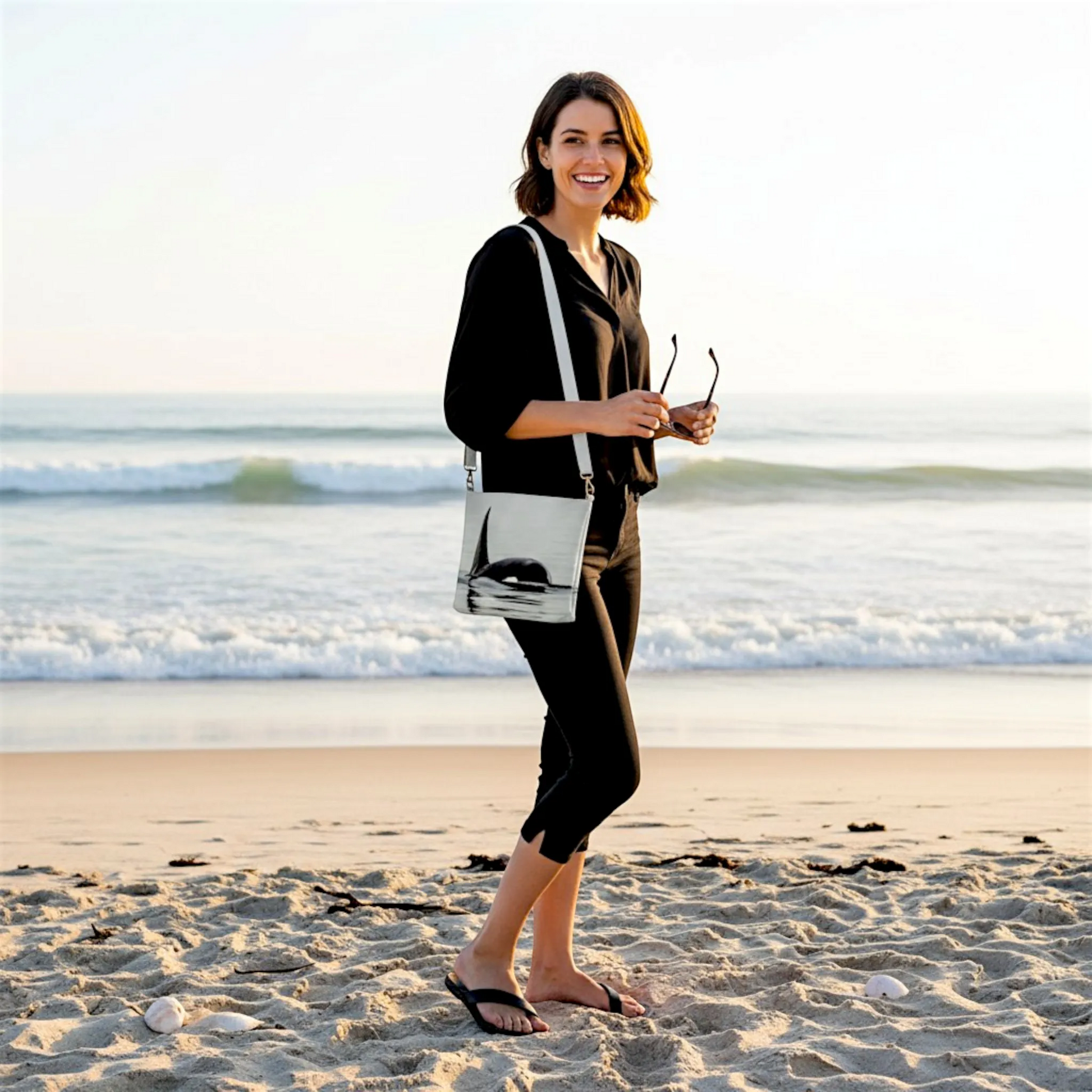 Van Isle Goddess Orca Spray vegan leather crossbody purse with adjustable strap and orca whale print.
