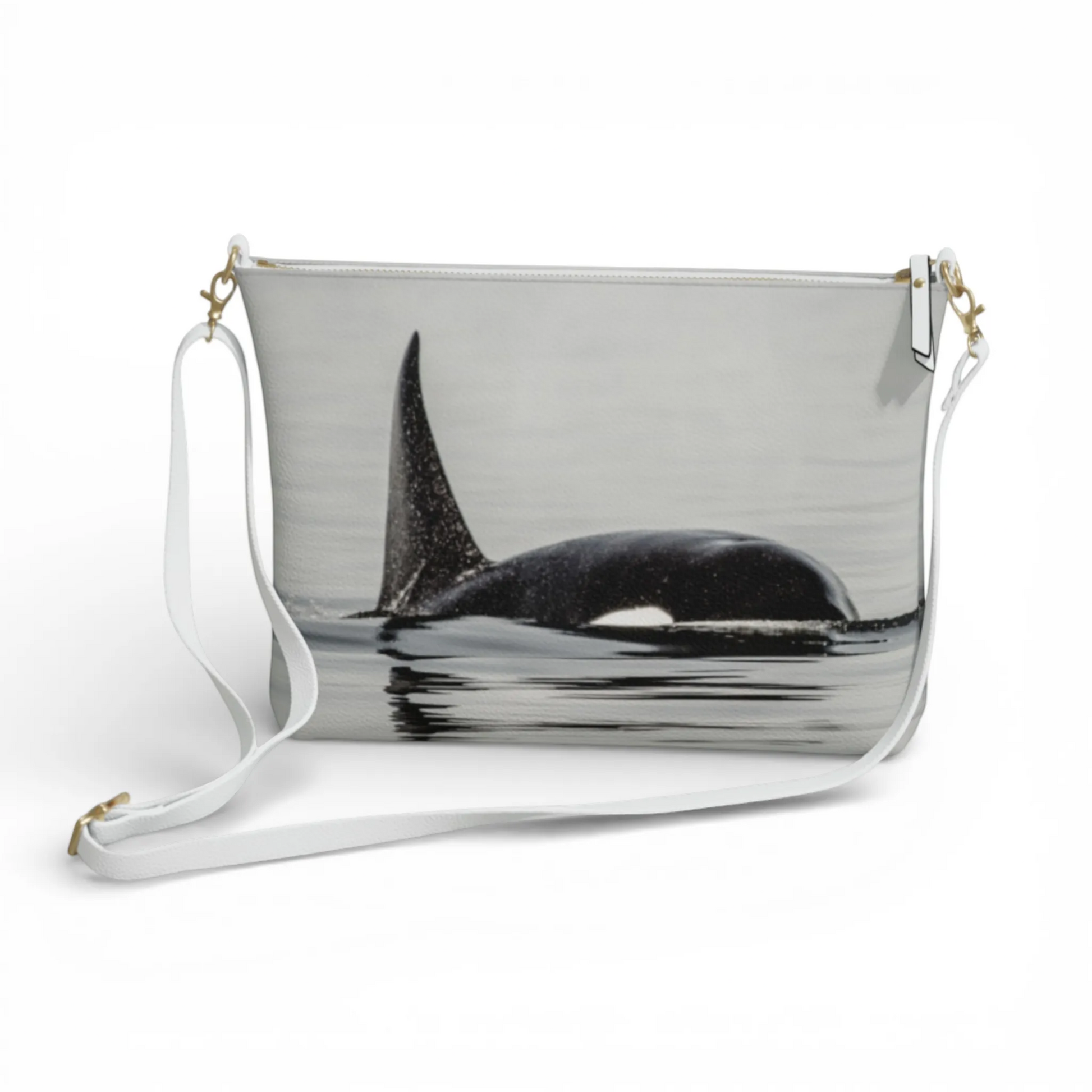 Van Isle Goddess Orca Spray vegan leather crossbody purse with adjustable white strap and orca whale print.