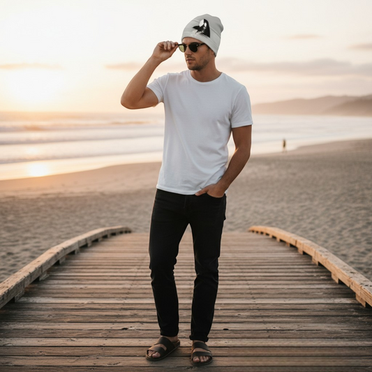 Van Isle Goddess light grey beanie with orca graphic, bamboo lining, slouchy fit. Perfect for outdoor adventures.