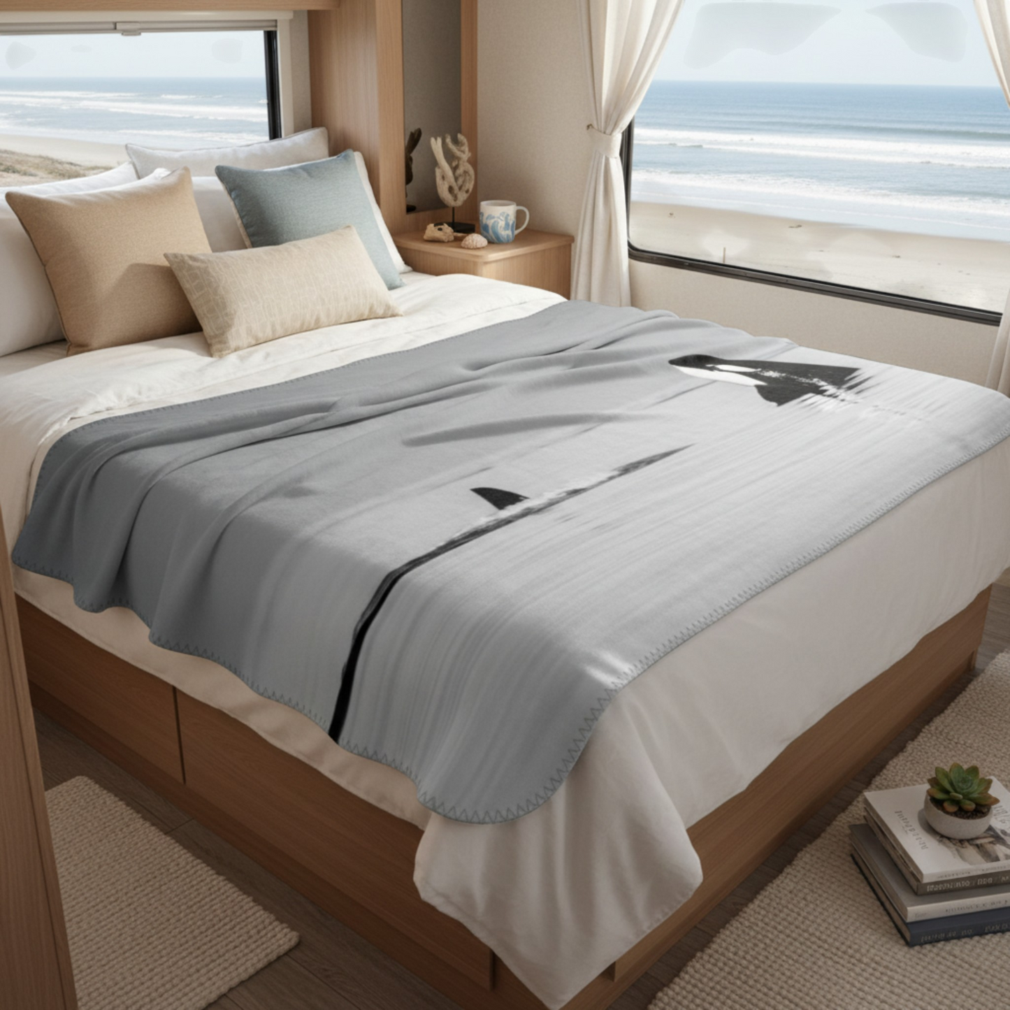 Van Isle Goddess Orca Spy Hop coastal blanket, double-thick minky fabric, grey and black orca design.