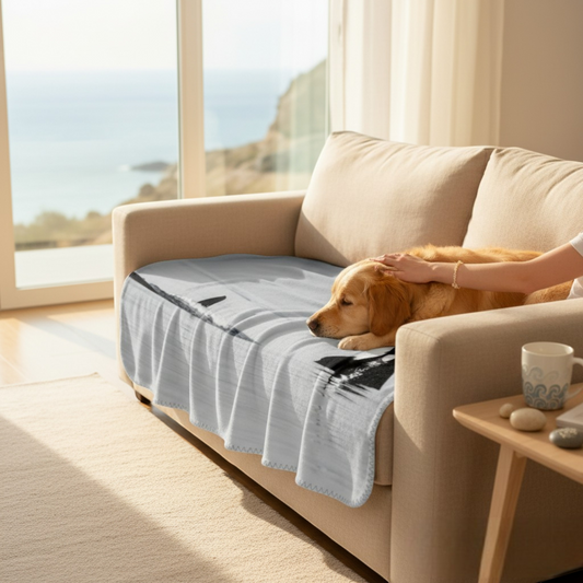 Van Isle Goddess Orca Spy Hop coastal blanket, double-thick minky fabric, grey and black orca design.