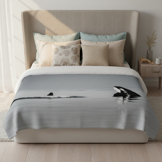 Van Isle Goddess Orca Spy Hop coastal blanket, double-thick minky fabric, grey and black.