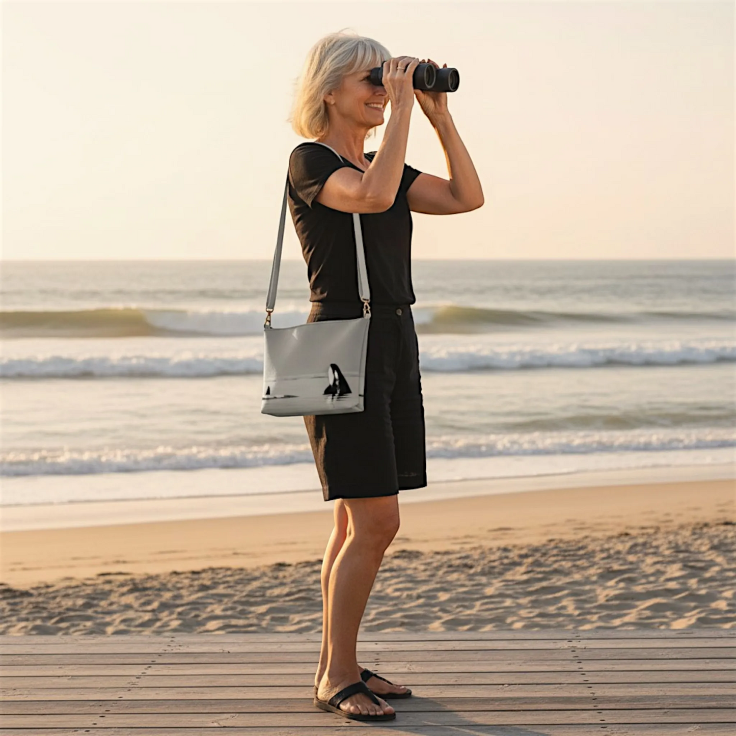 Van Isle Goddess Orca Spy Hop crossbody purse in light grey vegan leather with orca graphic, adjustable strap.