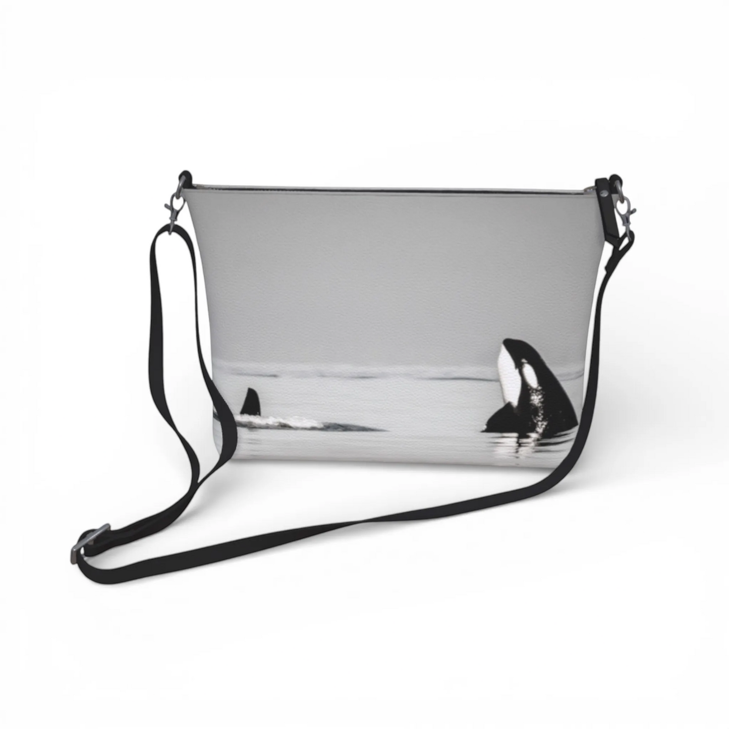 Van Isle Goddess Orca Spy Hop vegan leather crossbody purse with adjustable strap, featuring a black and white orca whale graphic.