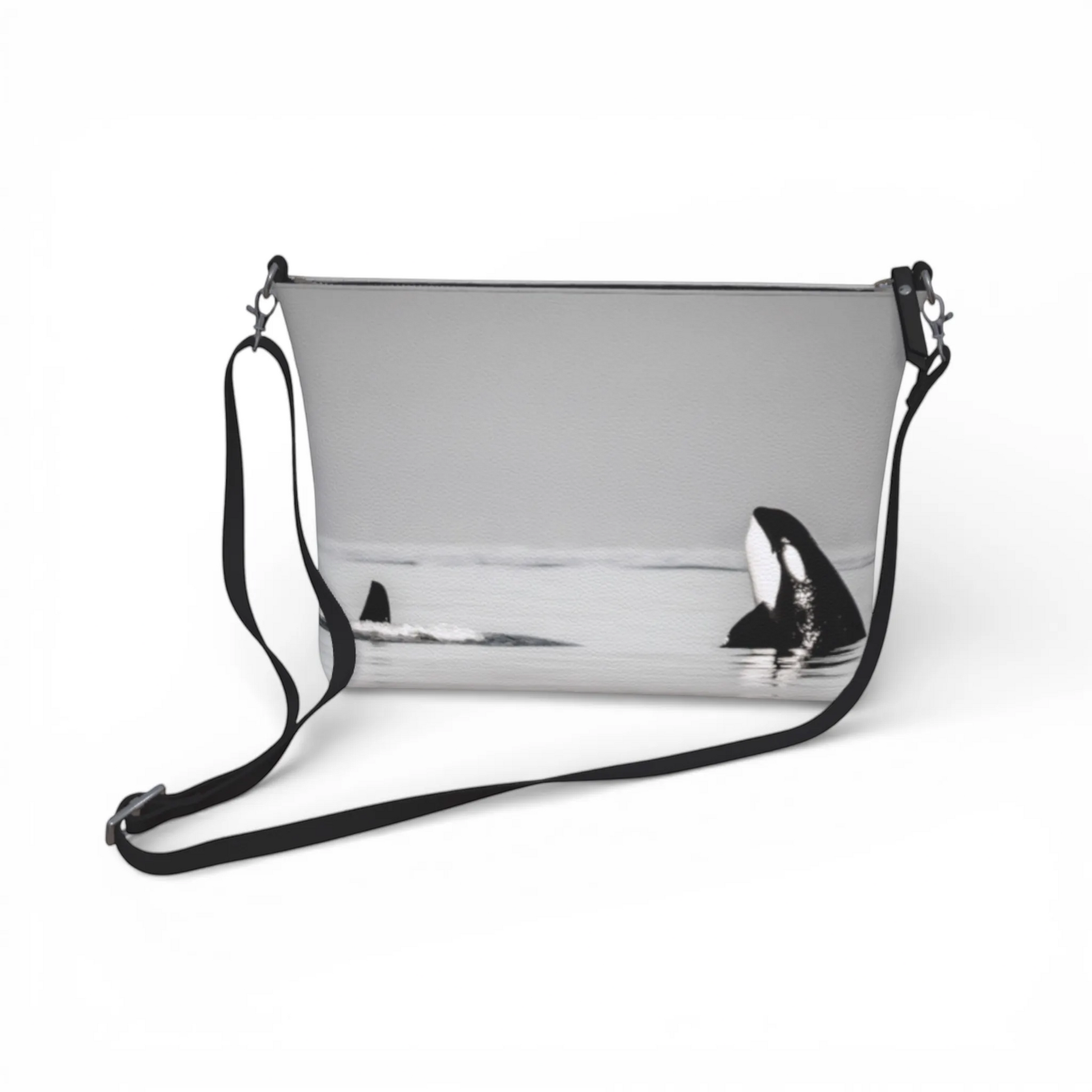 Van Isle Goddess Orca Spy Hop vegan leather crossbody purse with adjustable strap, featuring a black and white orca whale graphic.