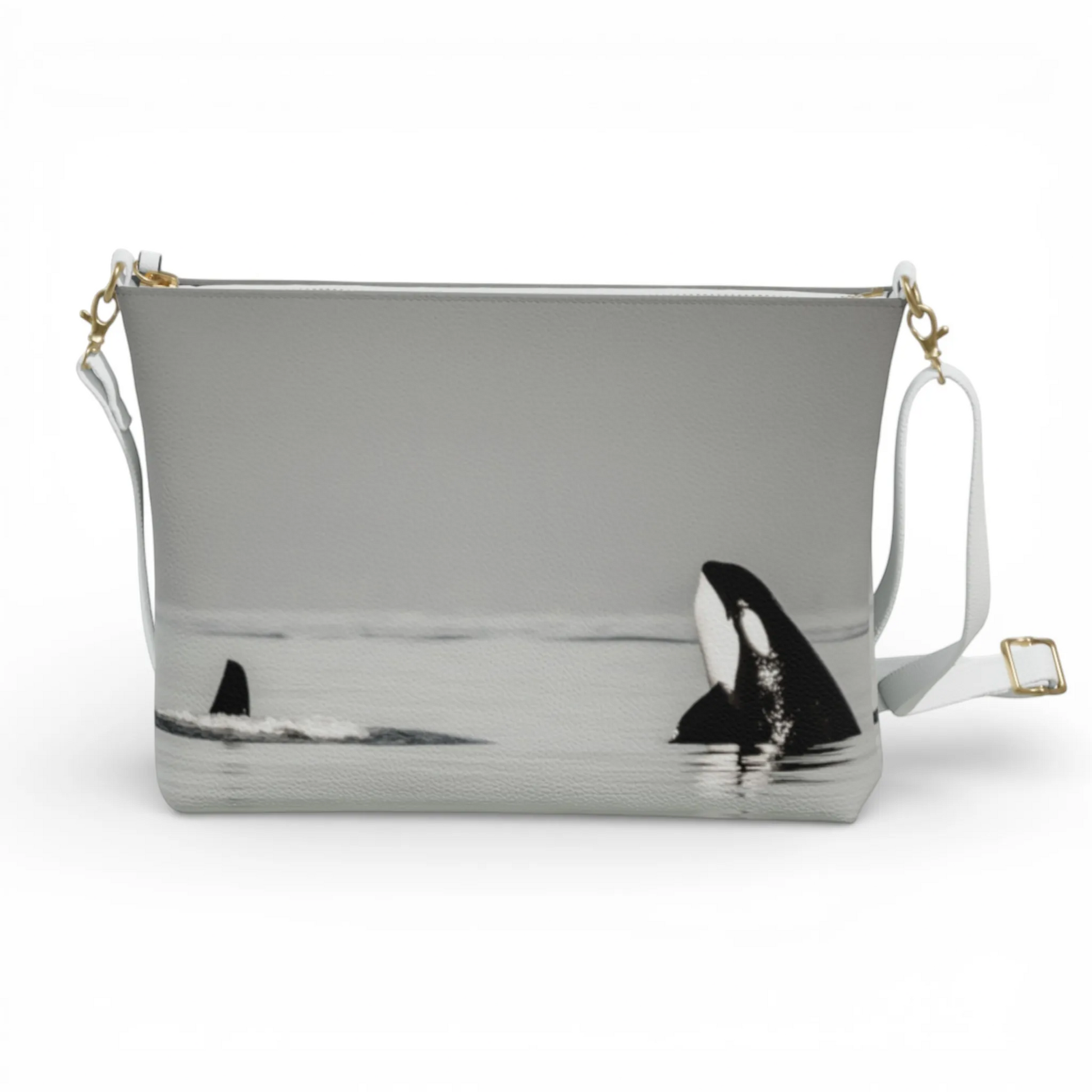 Van Isle Goddess Orca Spy Hop crossbody purse in vegan leather with adjustable white strap and orca whale graphic.