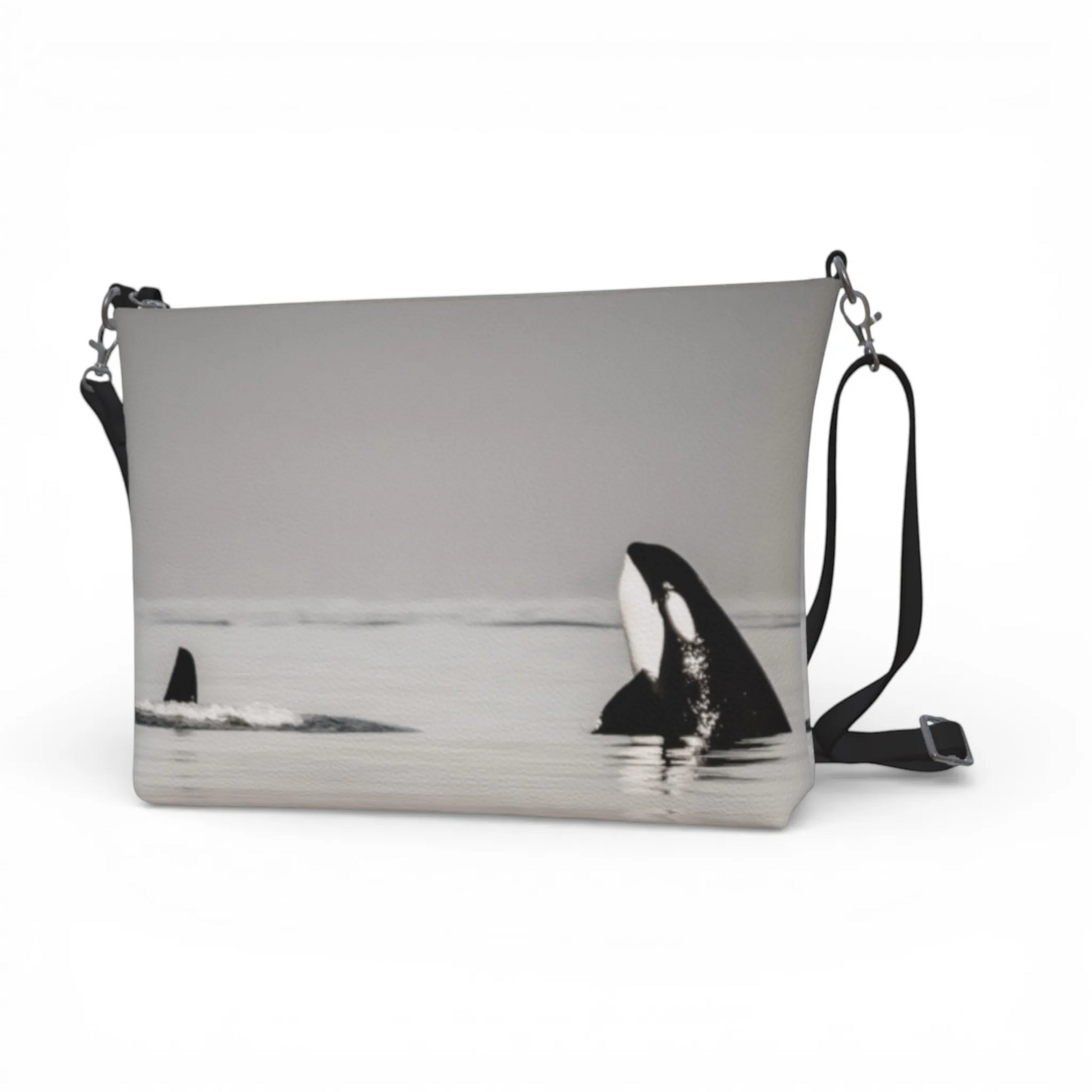 Van Isle Goddess Orca Spy Hop vegan leather crossbody purse with adjustable strap, featuring a black and white orca whale graphic.