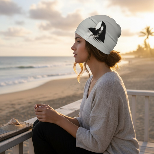 Van Isle Goddess white beanie with black orca whale graphic, bamboo lined, unisex, for outdoor adventures.