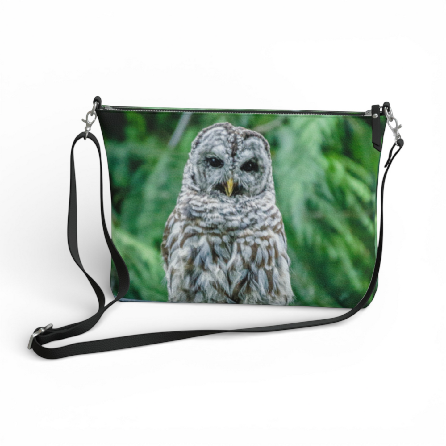 Van Isle Goddess Good Evening Owl crossbody purse made of vegan leather with adjustable strap and owl print.