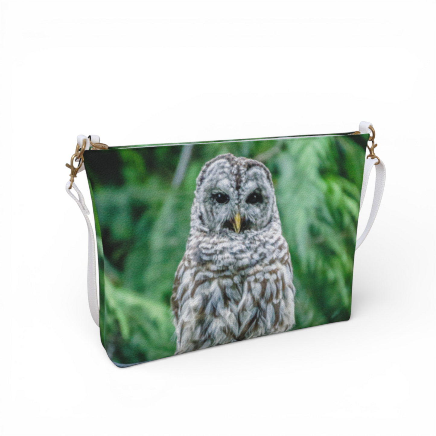 Van Isle Goddess Good Evening Owl crossbody purse made of vegan leather with adjustable strap and owl print.