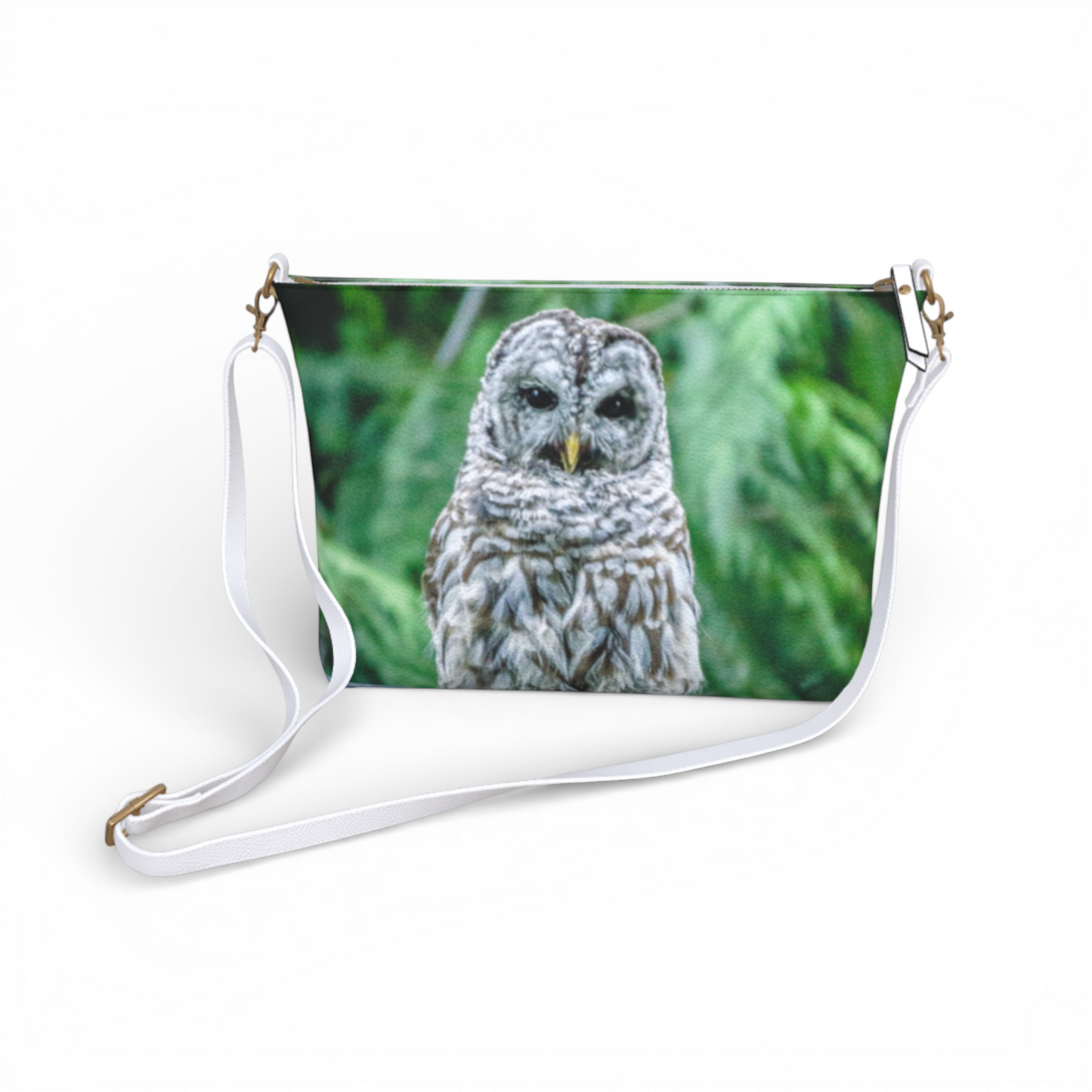 Van Isle Goddess Good Evening Owl crossbody purse made of vegan leather with an adjustable white strap and owl print.