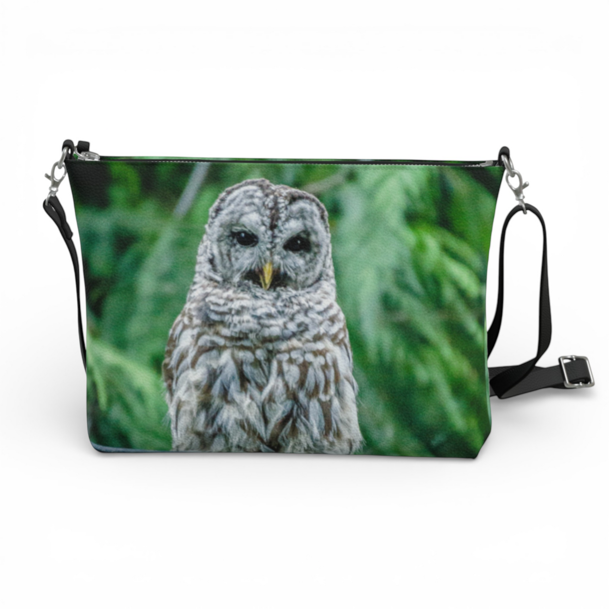 Van Isle Goddess Good Evening Owl crossbody purse made of vegan leather with adjustable strap and owl print.