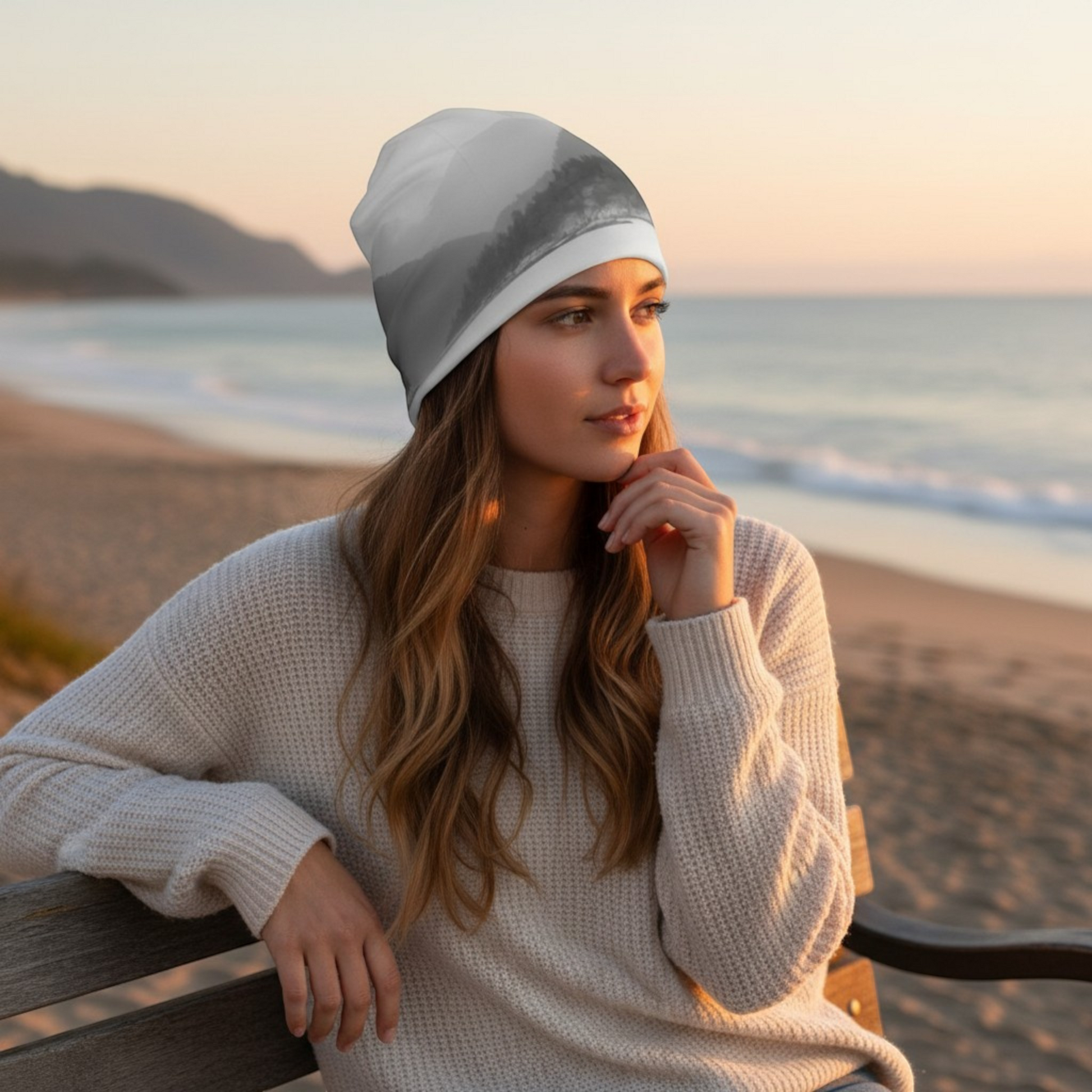 Van Isle Goddess Pacific Mist beanie with bamboo lining, featuring a grey misty mountain landscape print. Slouchy fit.