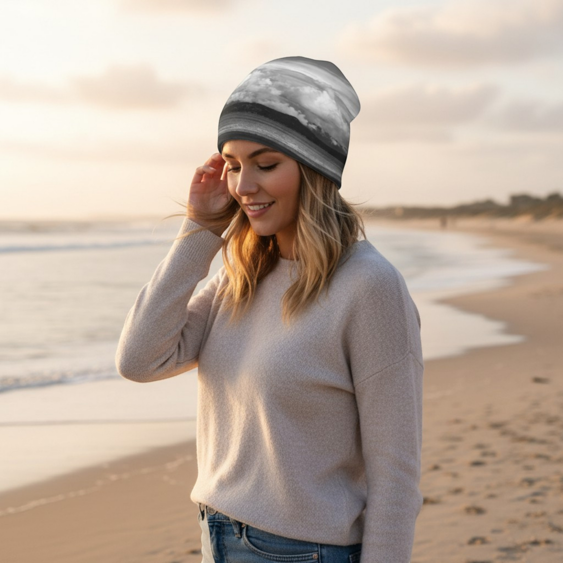 Van Isle Goddess Parksville Beach Beanie with bamboo lining, grey sky and ocean graphic print. Spun polyester.
