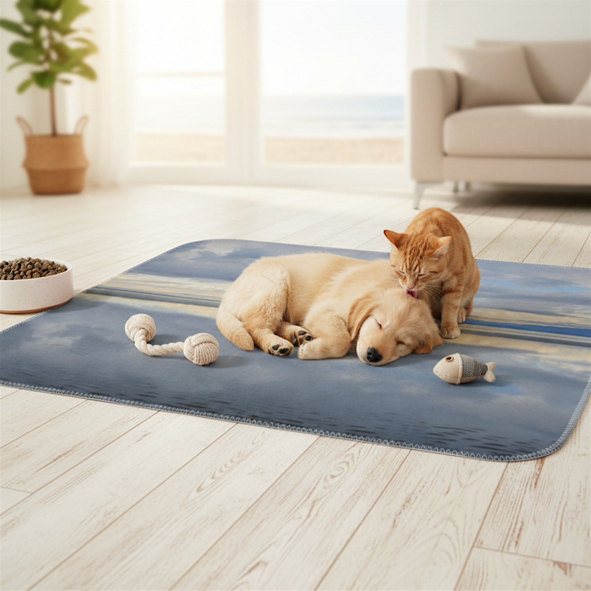 Van Isle Goddess Light Language Parksville Beach coastal blanket, featuring a serene ocean reflection under a cloudy sky. Double minky polyester.