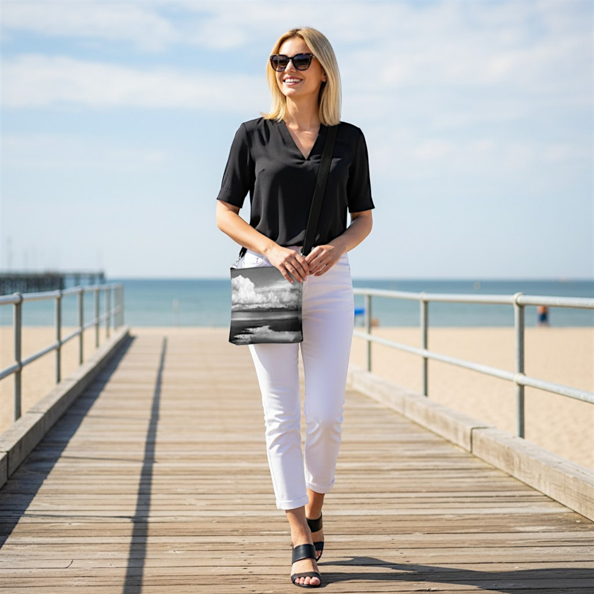 Van Isle Goddess Parksville Beach crossbody purse in vegan leather with adjustable strap and cloud print.