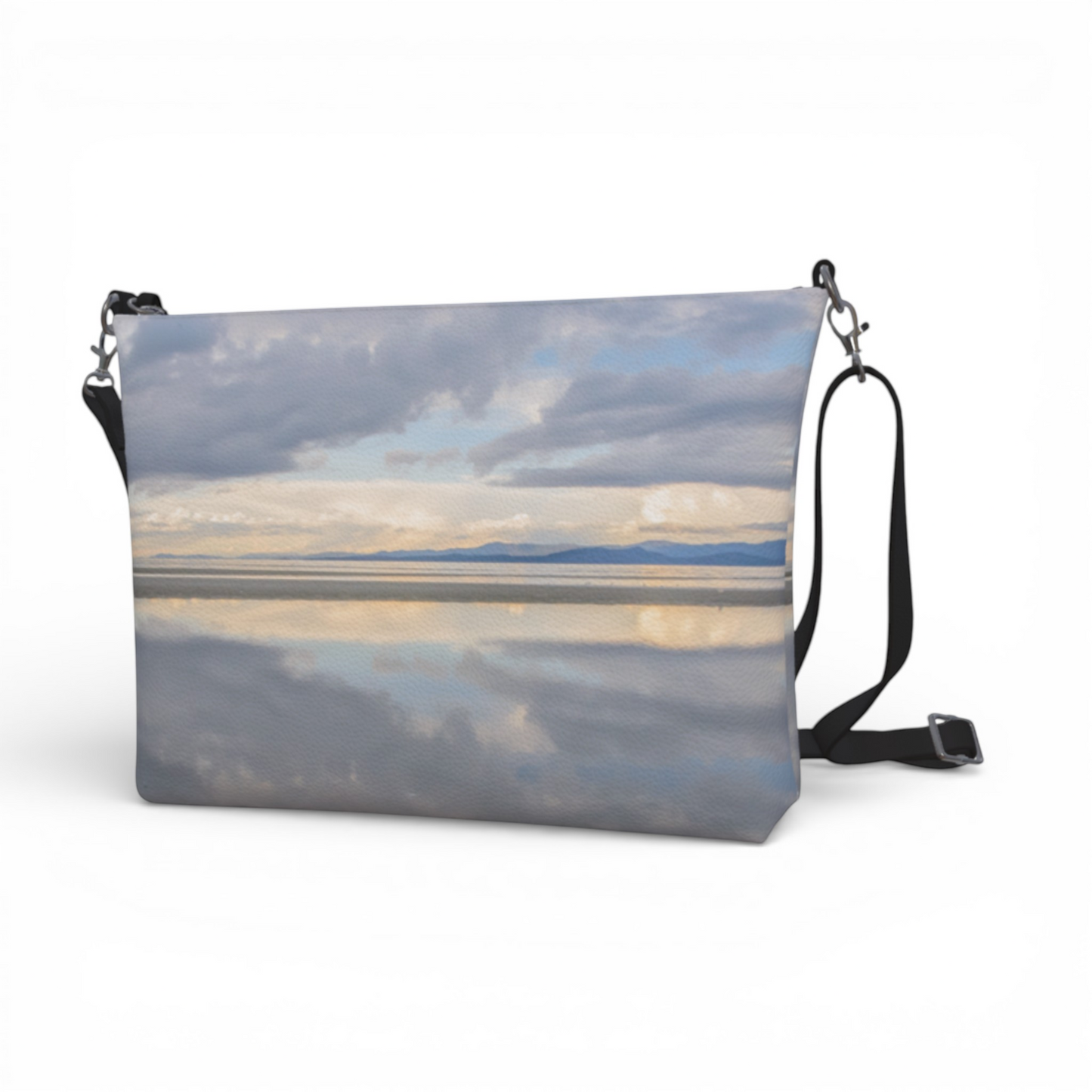 Van Isle Goddess Light Language Parksville Beach vegan leather crossbody purse with a scenic sky and water reflection print.