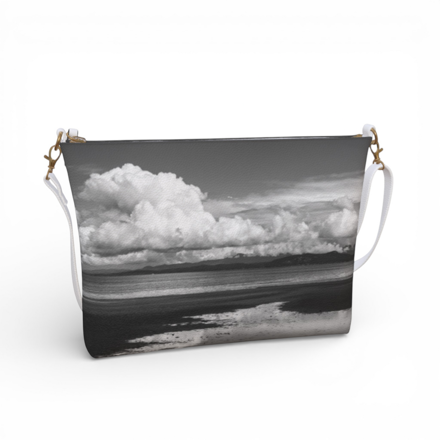 Van Isle Goddess Parksville Beach crossbody purse, vegan pebble leather with adjustable strap and metal hardware, featuring a black and white beach scene.