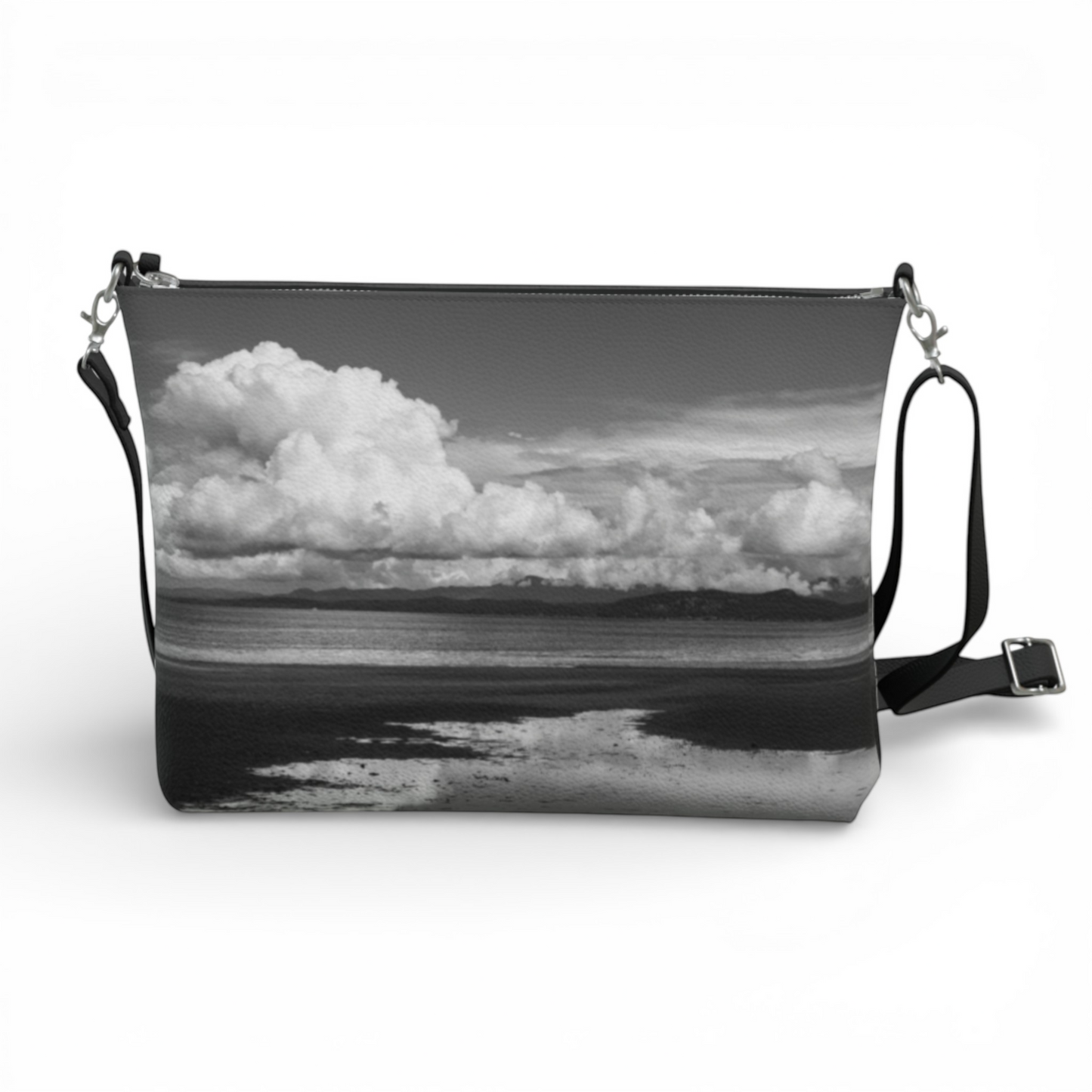 Van Isle Goddess Parksville Beach crossbody purse, black and white beach scene print, vegan leather, adjustable strap.