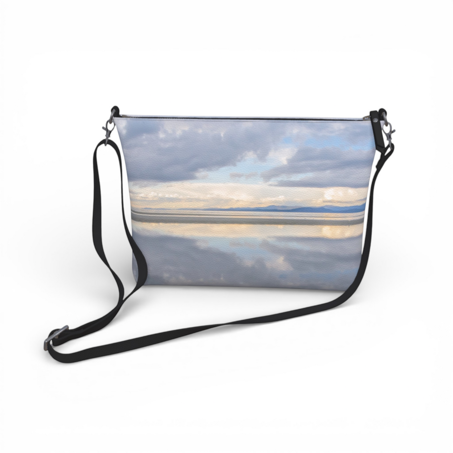 Van Isle Goddess Light Language Parksville Beach vegan leather crossbody purse with sky and water print, adjustable strap.