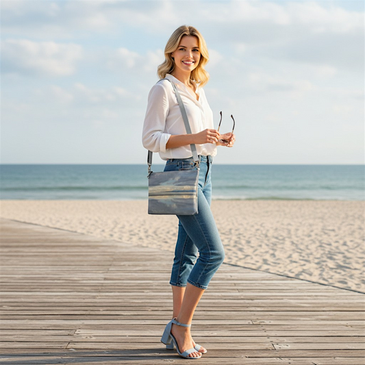 Van Isle Goddess Light Language Parksville Beach crossbody purse in vegan leather with a sky and water print, adjustable strap.