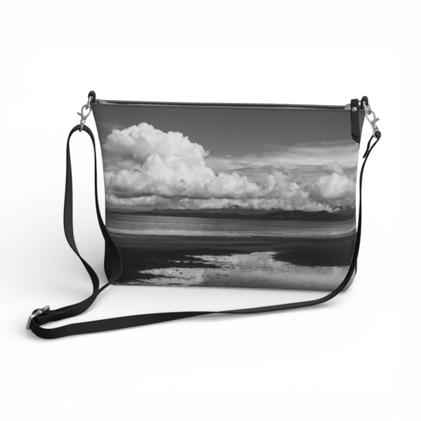 Van Isle Goddess Parksville Beach crossbody purse in vegan leather with adjustable strap and beach landscape print.
