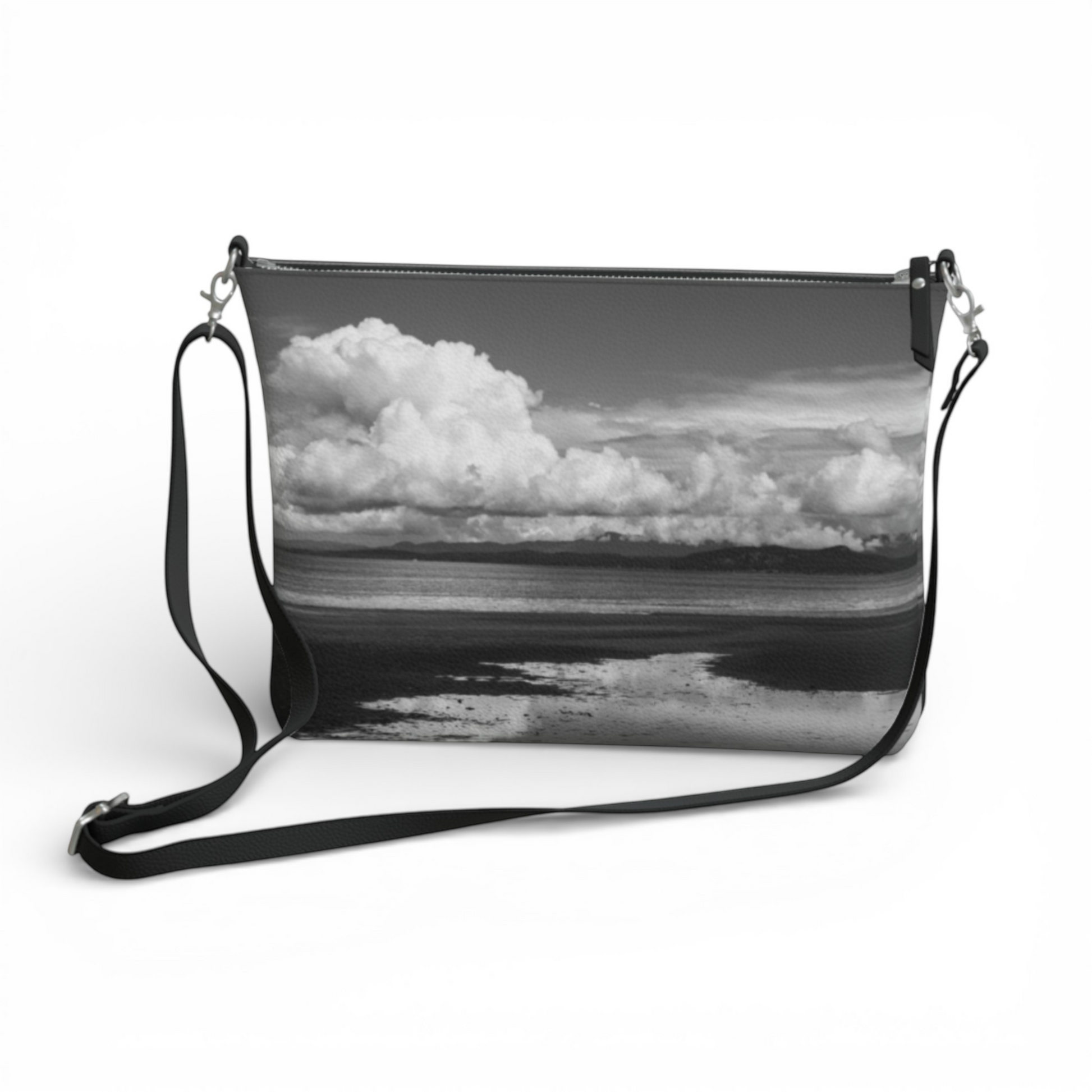 Van Isle Goddess Parksville Beach crossbody purse in vegan leather with adjustable strap and beach landscape print.