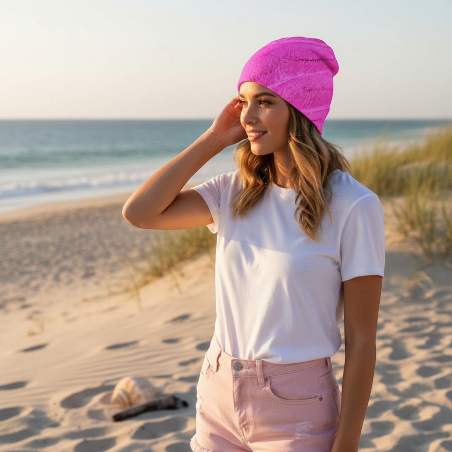 Van Isle Goddess bright pink slouchy beanie with bamboo lining, made from polyester and spandex.