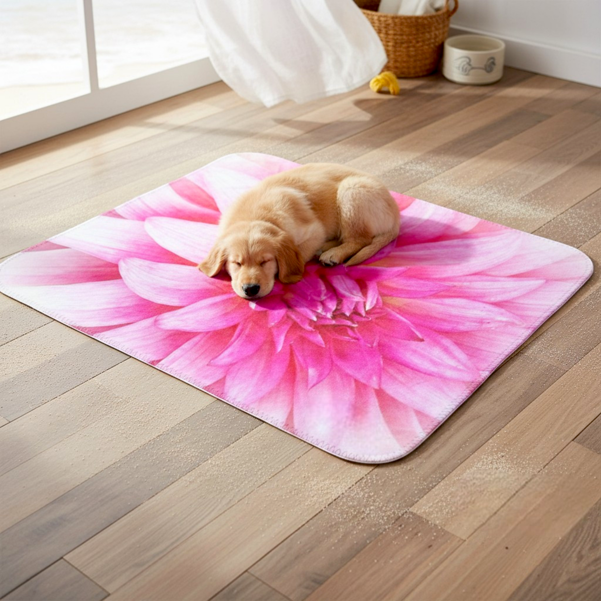 Van Isle Goddess Summer Dahlia Coastal Blanket, pink dahlia flower print, double-thick minky fabric, OEKO-TEX certified.