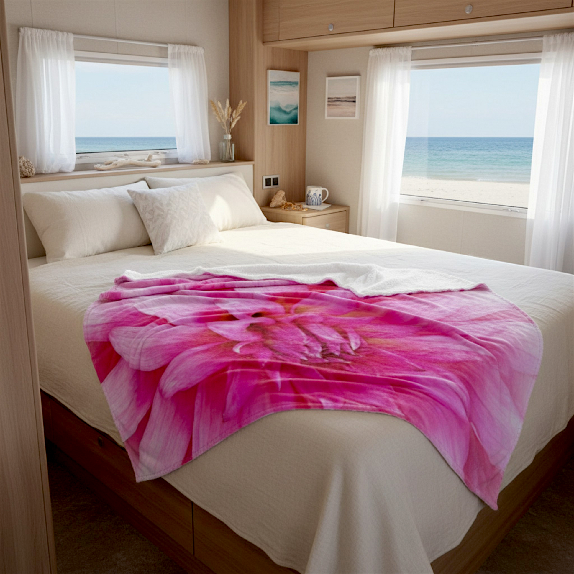 Van Isle Goddess Summer Dahlia Coastal Blanket, plush pink dahlia flower photography, double-thick minky fabric, OEKO-TEX certified.