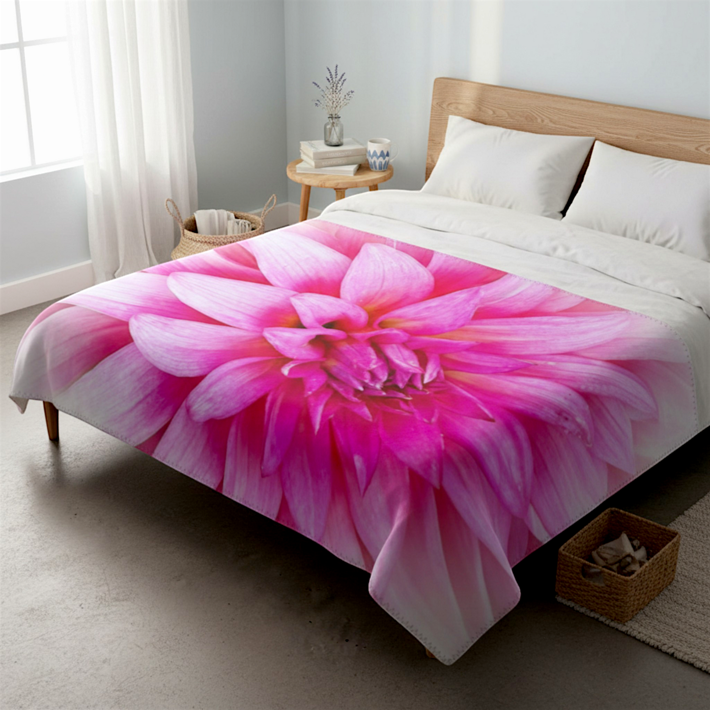 Van Isle Goddess pink dahlia floral minky fabric blanket with grey backing and blanket stitch finish.