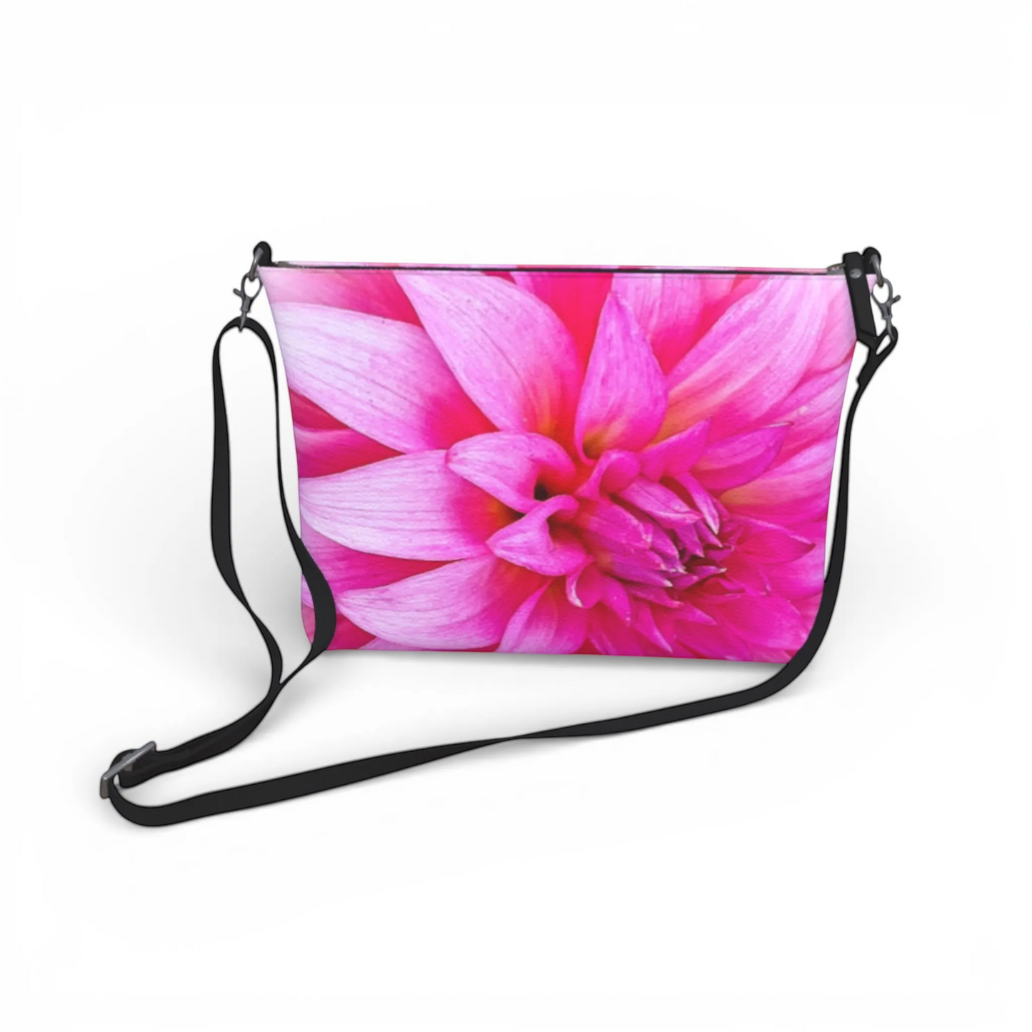 Van Isle Goddess pink dahlia vegan leather crossbody purse with adjustable strap and metal zipper.