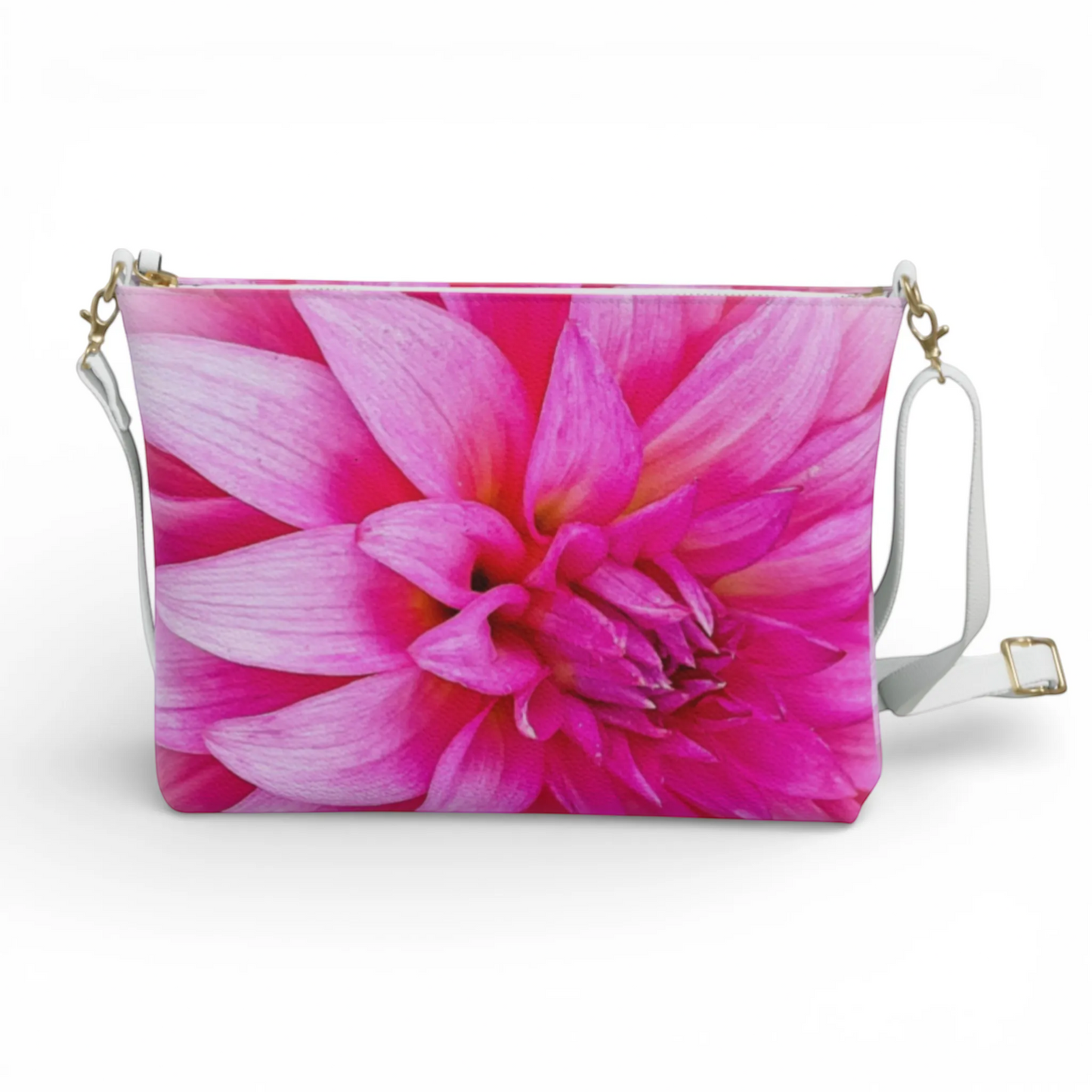 Van Isle Goddess Summer Dahlia crossbody purse in vegan leather with a vibrant pink dahlia print and white adjustable strap.