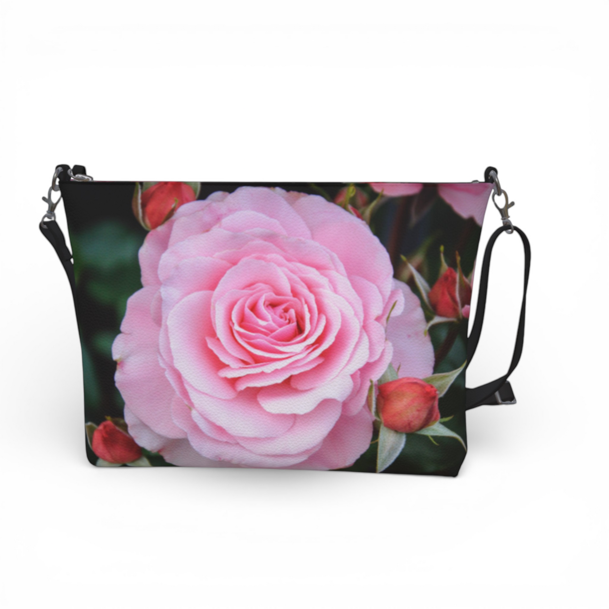 Van Isle Goddess pink rose floral vegan leather crossbody purse with adjustable strap.