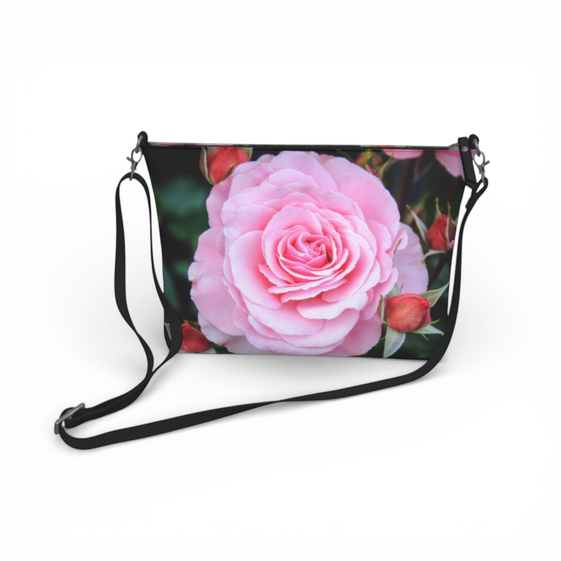Van Isle Goddess pink rose floral vegan leather crossbody purse with adjustable strap.