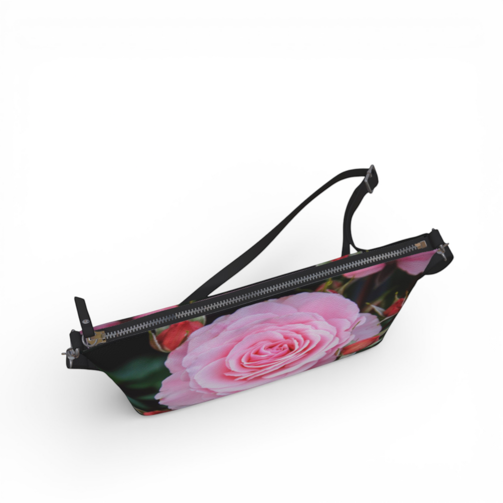 Van Isle Goddess pink rose vegan leather crossbody purse with adjustable strap and zipper closure.