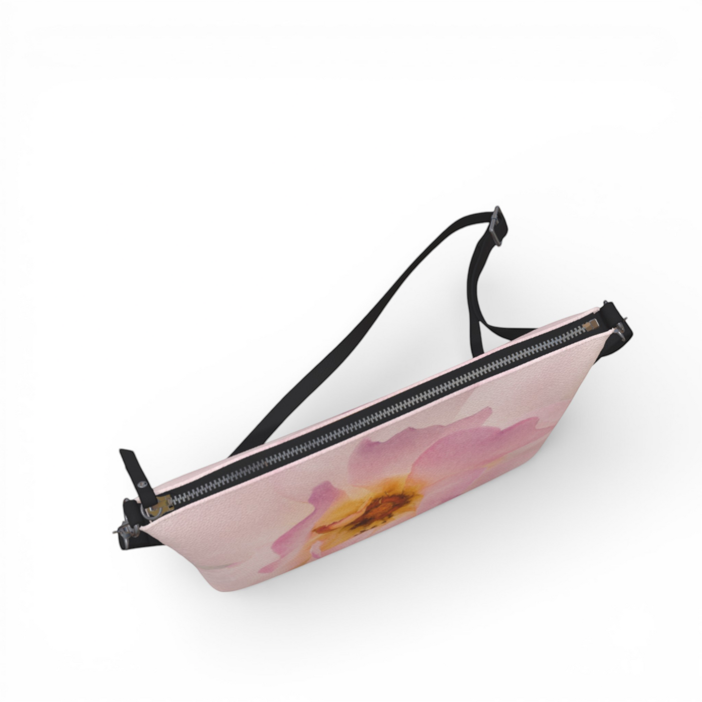 Van Isle Goddess pink vegan leather crossbody purse with a large rose print and adjustable black strap.