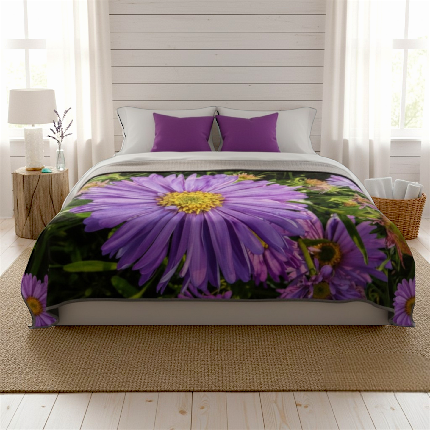 Van Isle Goddess purple aster flower blanket, double-layered minky fabric, OEKO-TEX certified, floral print.