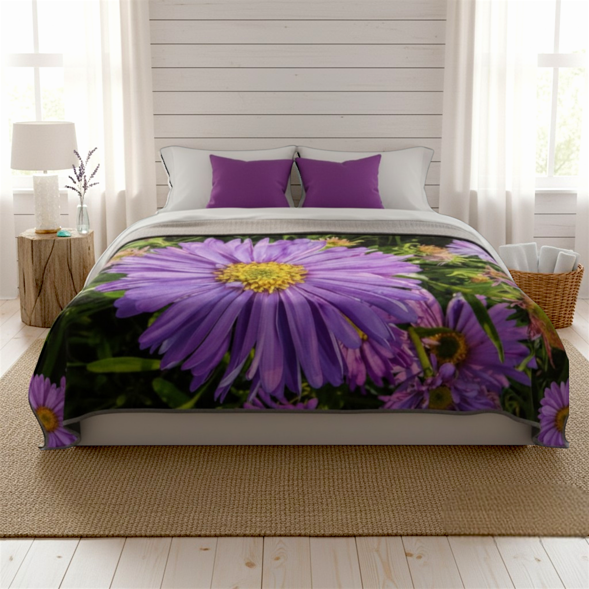 Van Isle Goddess purple aster flower blanket, double-layered minky fabric, OEKO-TEX certified, floral print.