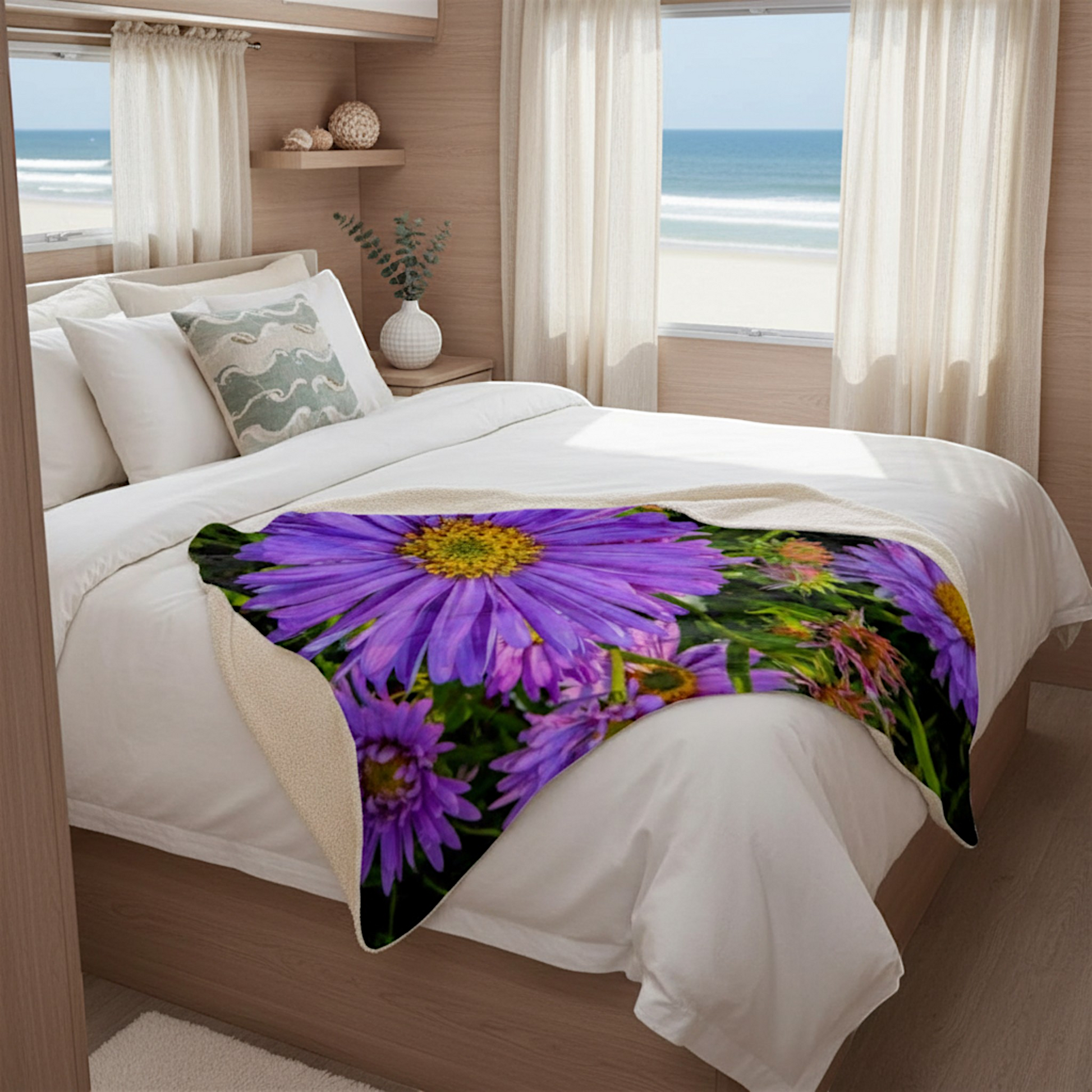 Van Isle Goddess purple aster flower blanket, double-layered minky fabric, OEKO-TEX certified, floral print.