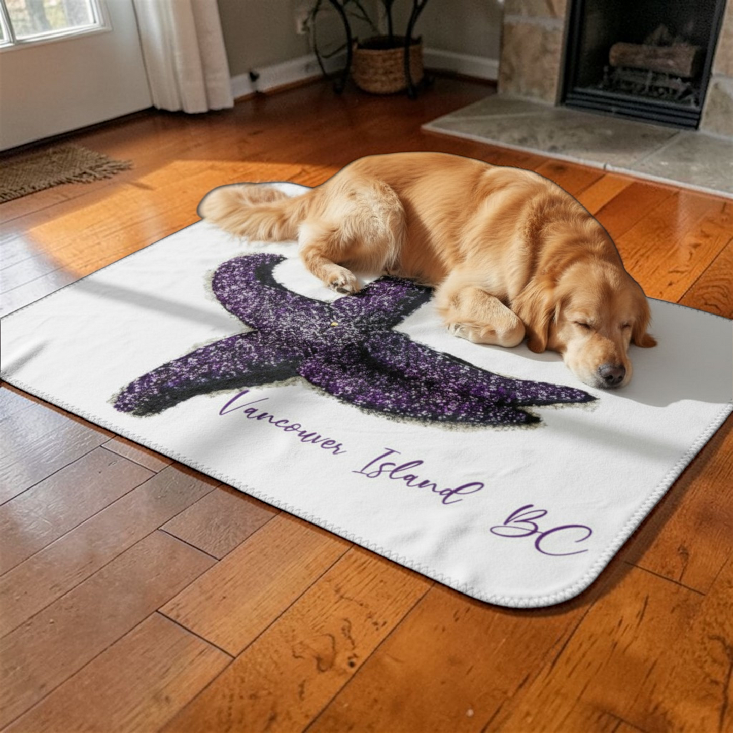 Van Isle Goddess purple starfish Vancouver Island BC minky blanket with rounded edges and blanket stitch finish.